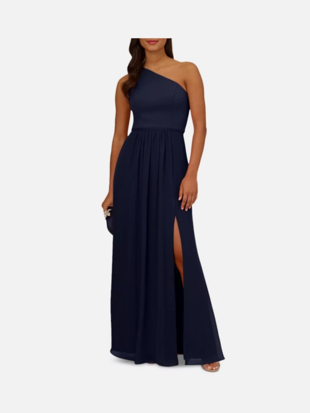 Adrianna Papell Navy One-Shoulder Maxi Gown with Side Slit